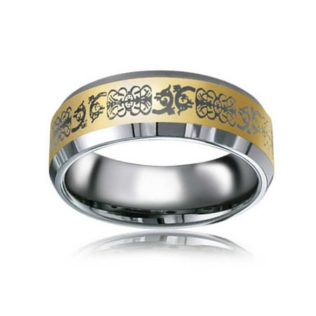 Bling Jewelry Mens Laser Etched Couples Celtic Dragon Titanium Wedding Band Ring for Women 14K Gold Plate Comfort Fit Beveled Edge 8MM 